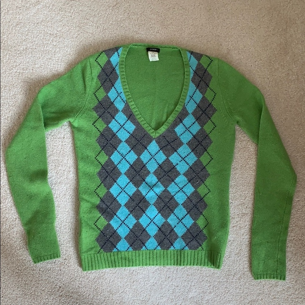 JCrew Vneck Argyle Sweater in Green XS